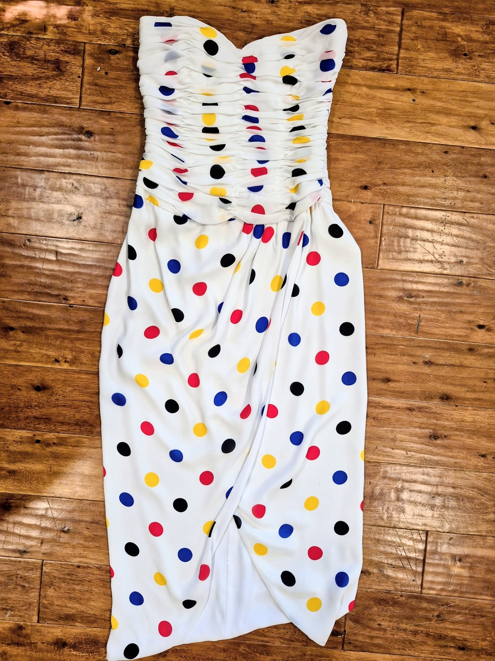 Vintage 80s Sz 10 Victor Costa Polka Dot Dress-- White Red Blue Yellow Black USA